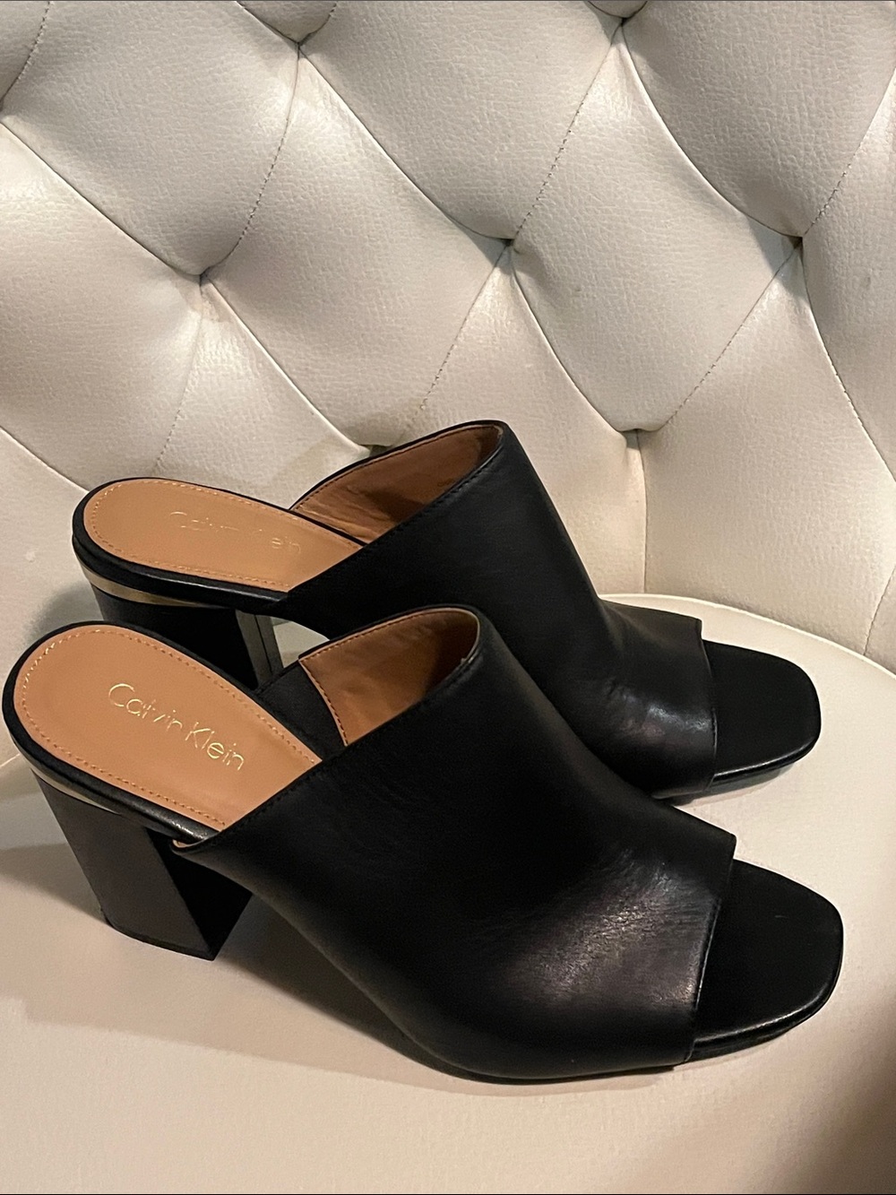 Calvin Klein Black Leather Open-Peep Block Heel Mules - Picture 5 of 14
